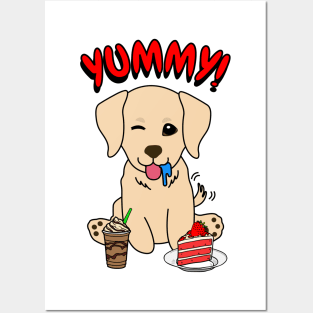 Cute retriever dog is having coffee and cake Posters and Art